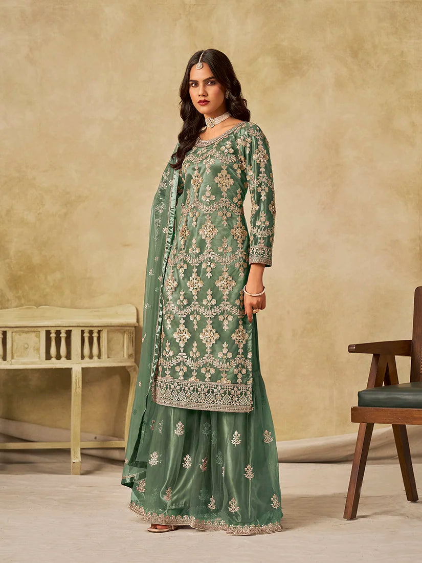 Sea Green Net Palazzo Set with Sequin Embroidery, side