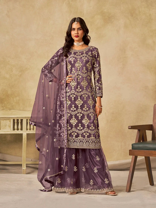 Mauve Net Palazzo Set with Sequin Embroidery, front