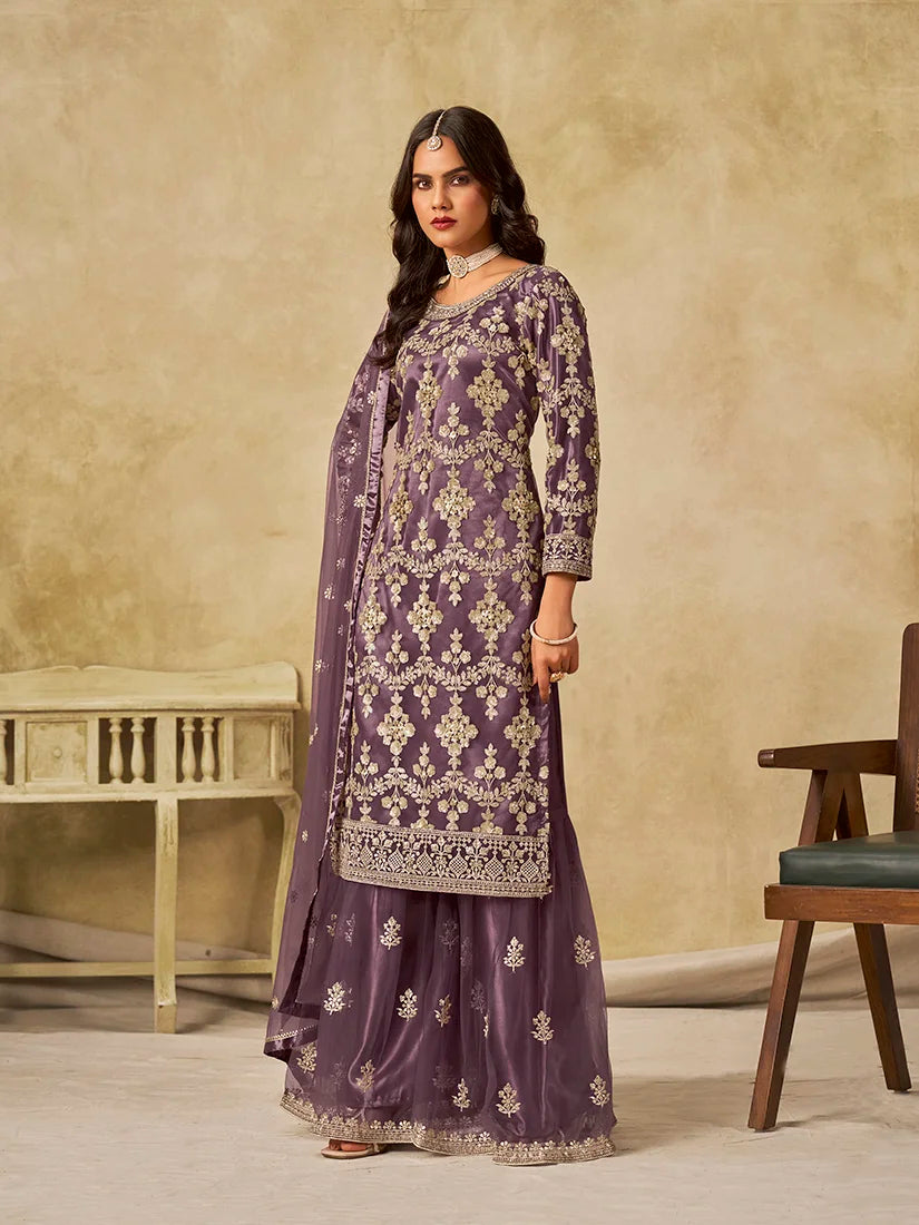 Mauve Net Palazzo Set with Sequin Embroidery, side