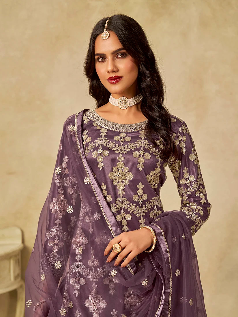 Mauve Net Palazzo Set with Sequin Embroidery, neckline close-up