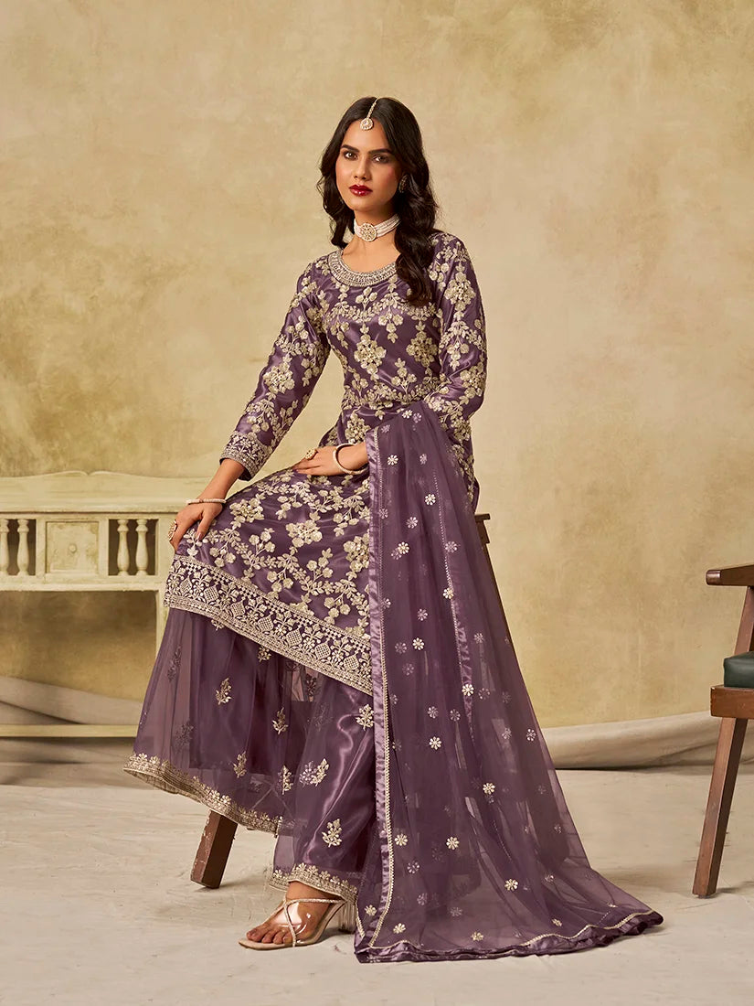 Mauve Net Palazzo Set with Sequin Embroidery, styled on model