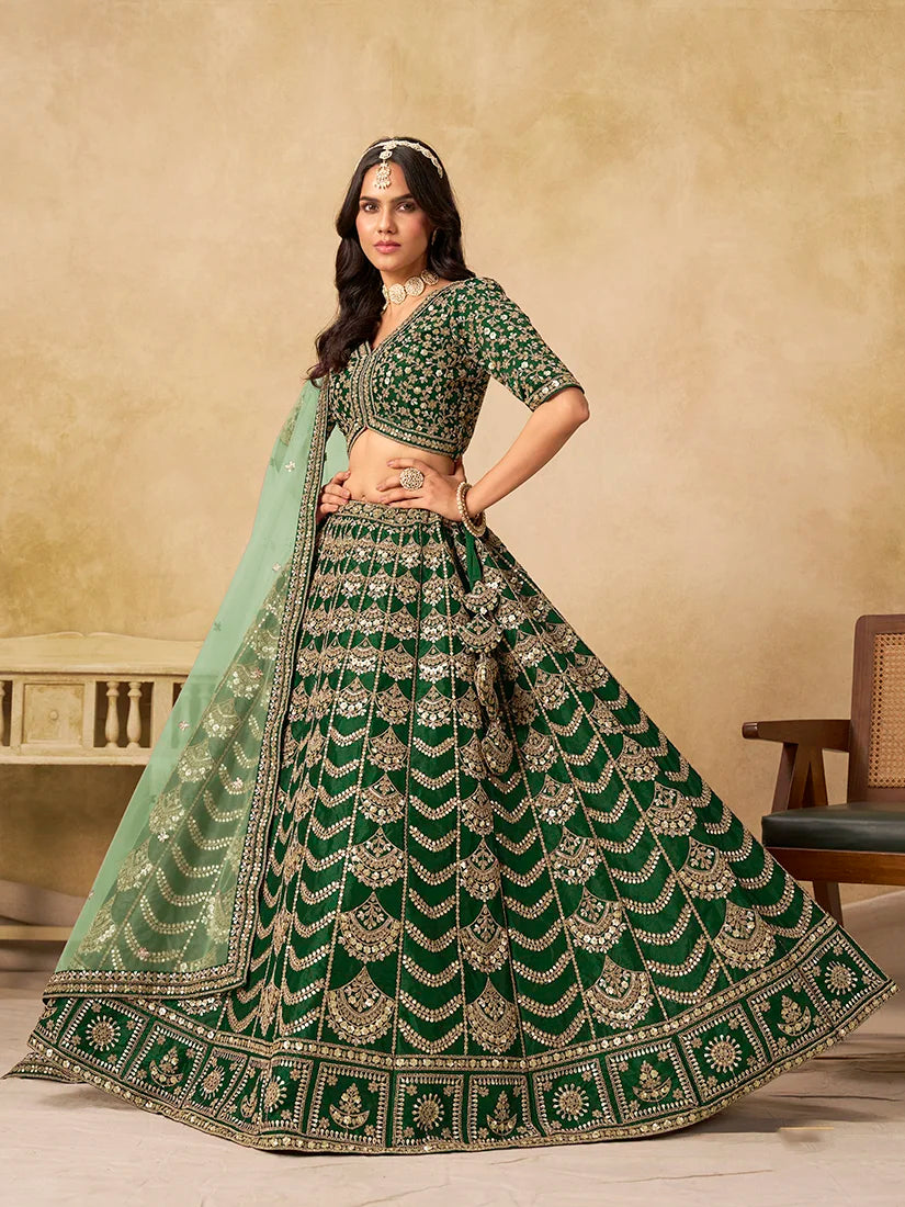 Dark Green Art Silk Scallop Work Lehenga Choli, front
