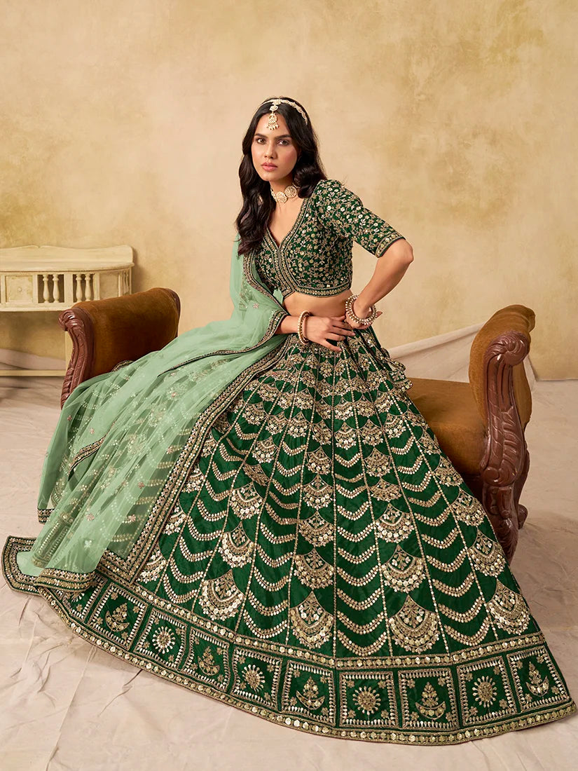 Dark Green Art Silk Scallop Work Lehenga Choli, styled on model