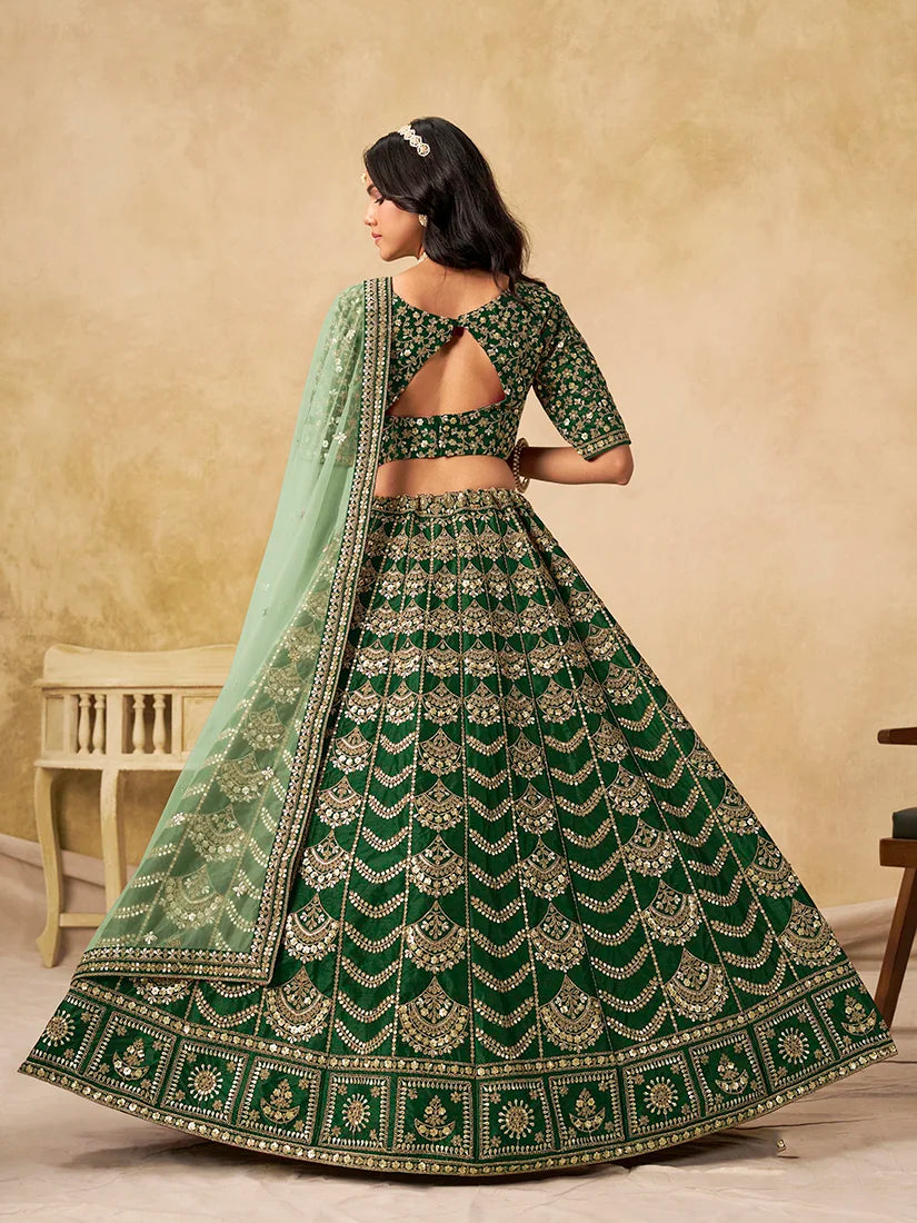 Dark Green Art Silk Scallop Work Lehenga Choli, back