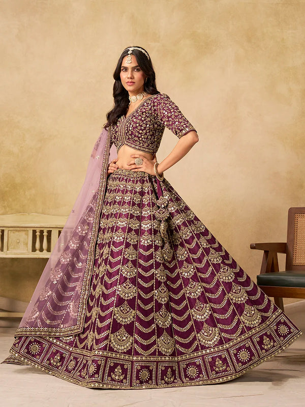 Wine Art Silk Scallop Work Lehenga Choli, front