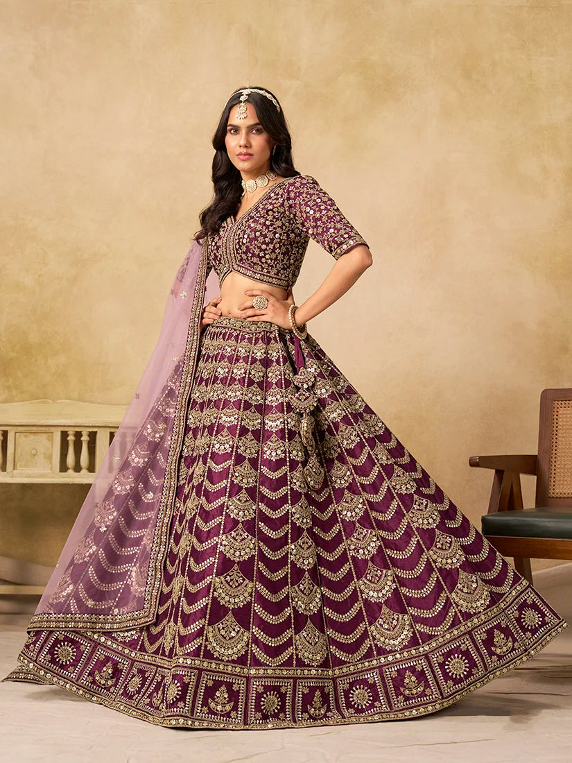 Wine Art Silk Scallop Work Lehenga Choli, front