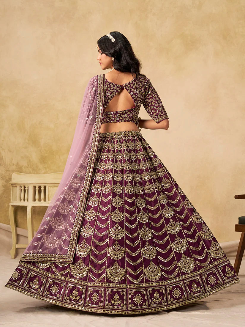 Wine Art Silk Scallop Work Lehenga Choli, back