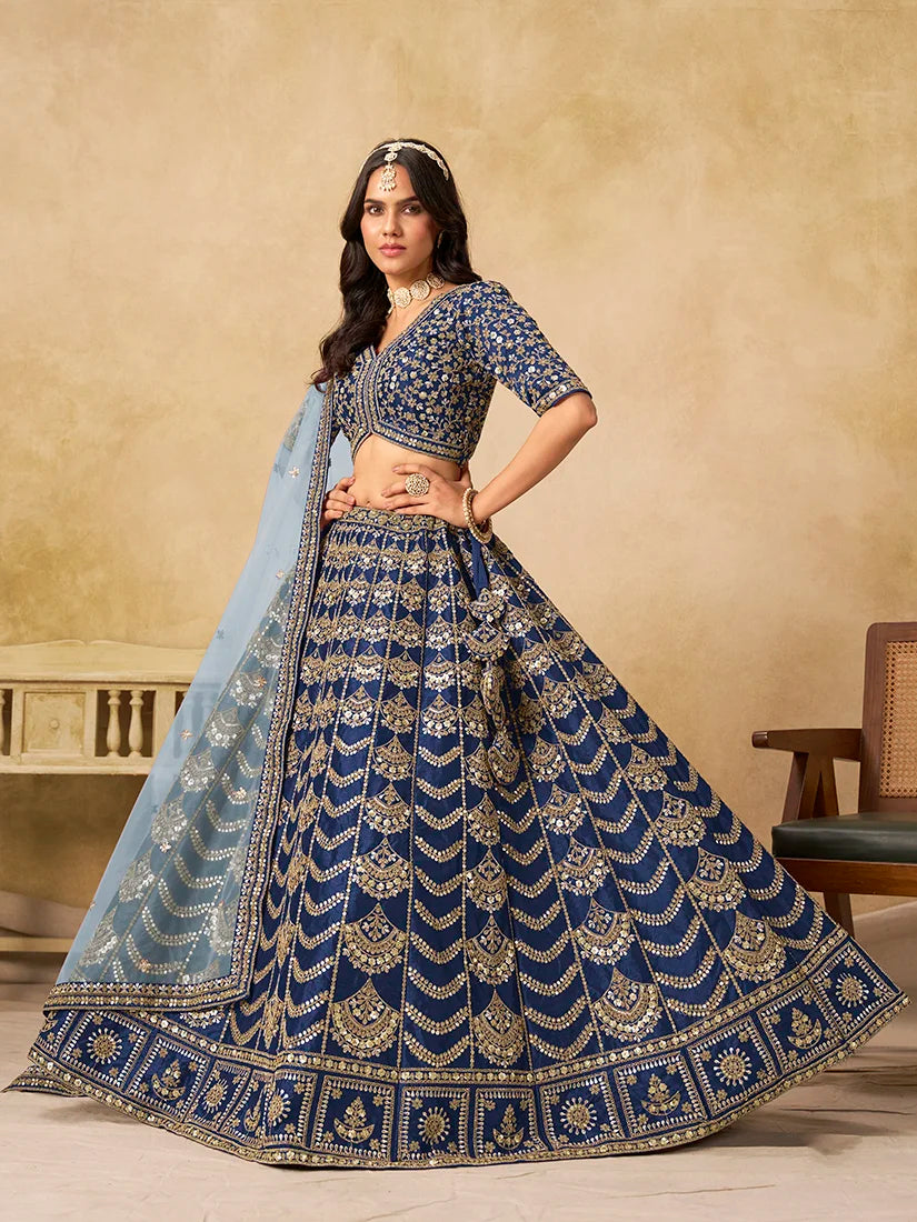Navy Blue Art Silk Scallop Work Lehenga Choli, front