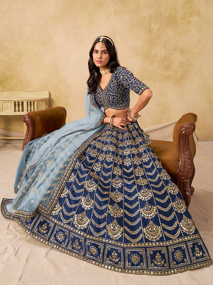 Navy Blue Art Silk Scallop Work Lehenga Choli, styled on model