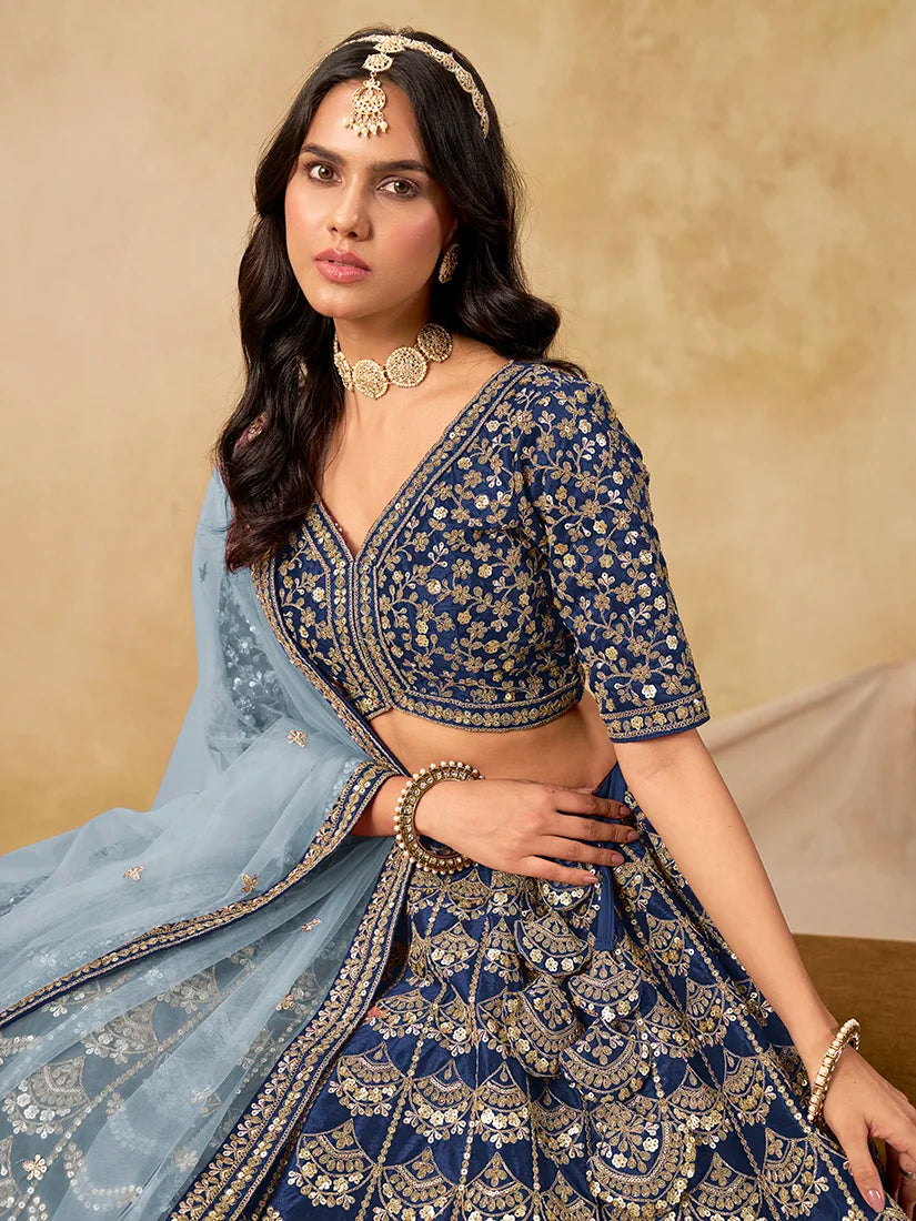Navy Blue Art Silk Scallop Work Lehenga Choli, choli detail