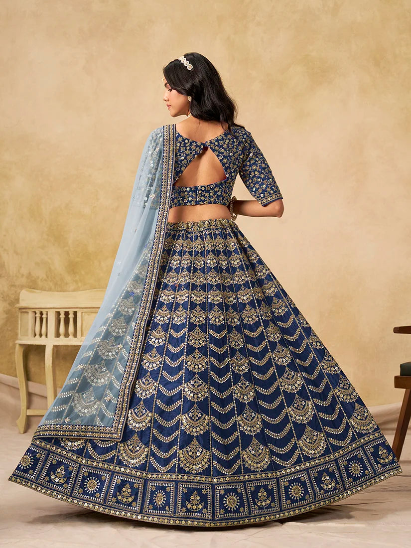 Navy Blue Art Silk Scallop Work Lehenga Choli, back