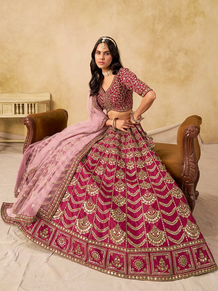 Rani Pink Art Silk Scallop Work Lehenga Choli, styled on model