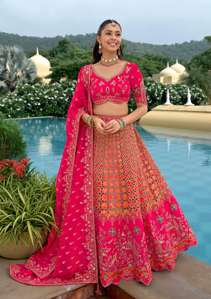 Orange Silk Blend Lattice Lehenga Choli
