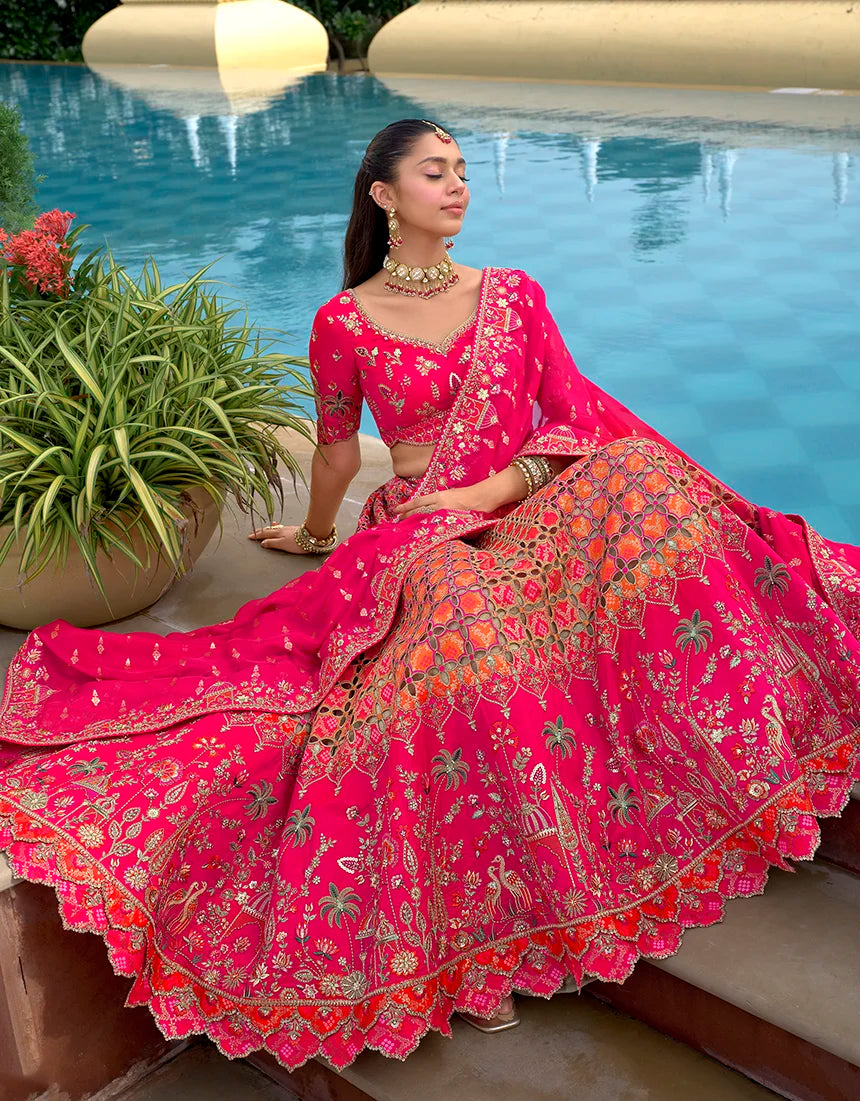 Orange Silk Blend Lattice Lehenga Choli, seated view