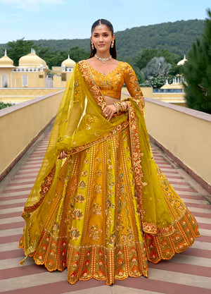 Mustard Silk Blend Floral Lehenga Choli
