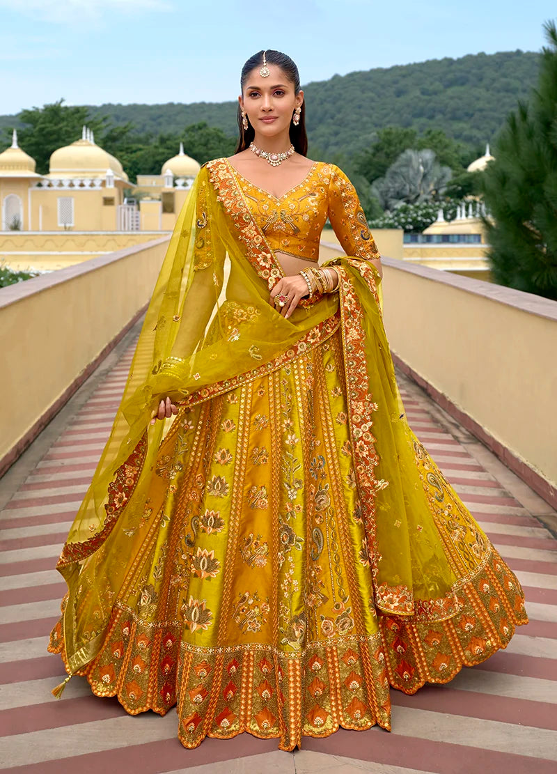 Mustard Silk Blend Floral Lehenga Choli, front