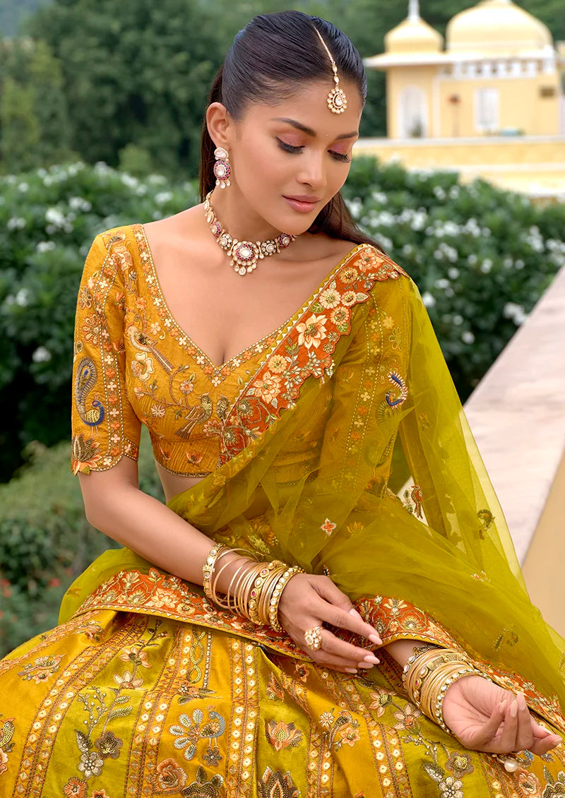 Mustard Silk Blend Floral Lehenga Choli, choli close-up