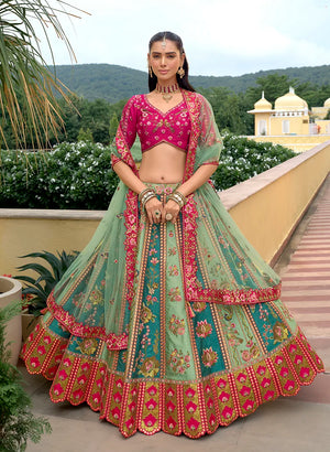 Multicolor Silk Blend Lehenga Choli with Floral Sprig Panels