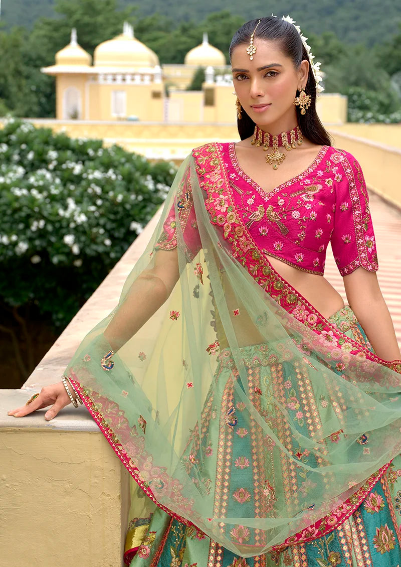 Multicolor Silk Blend Lehenga Choli with Floral Sprig Panels, choli close-up