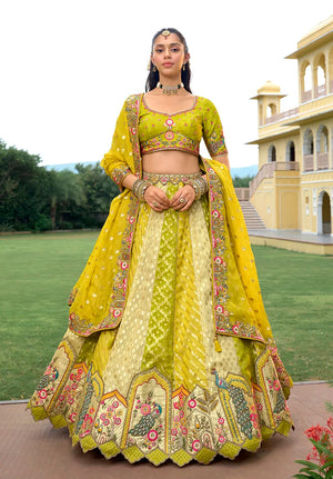Multicolor Silk Blend Lehenga Choli with Peacock Hem