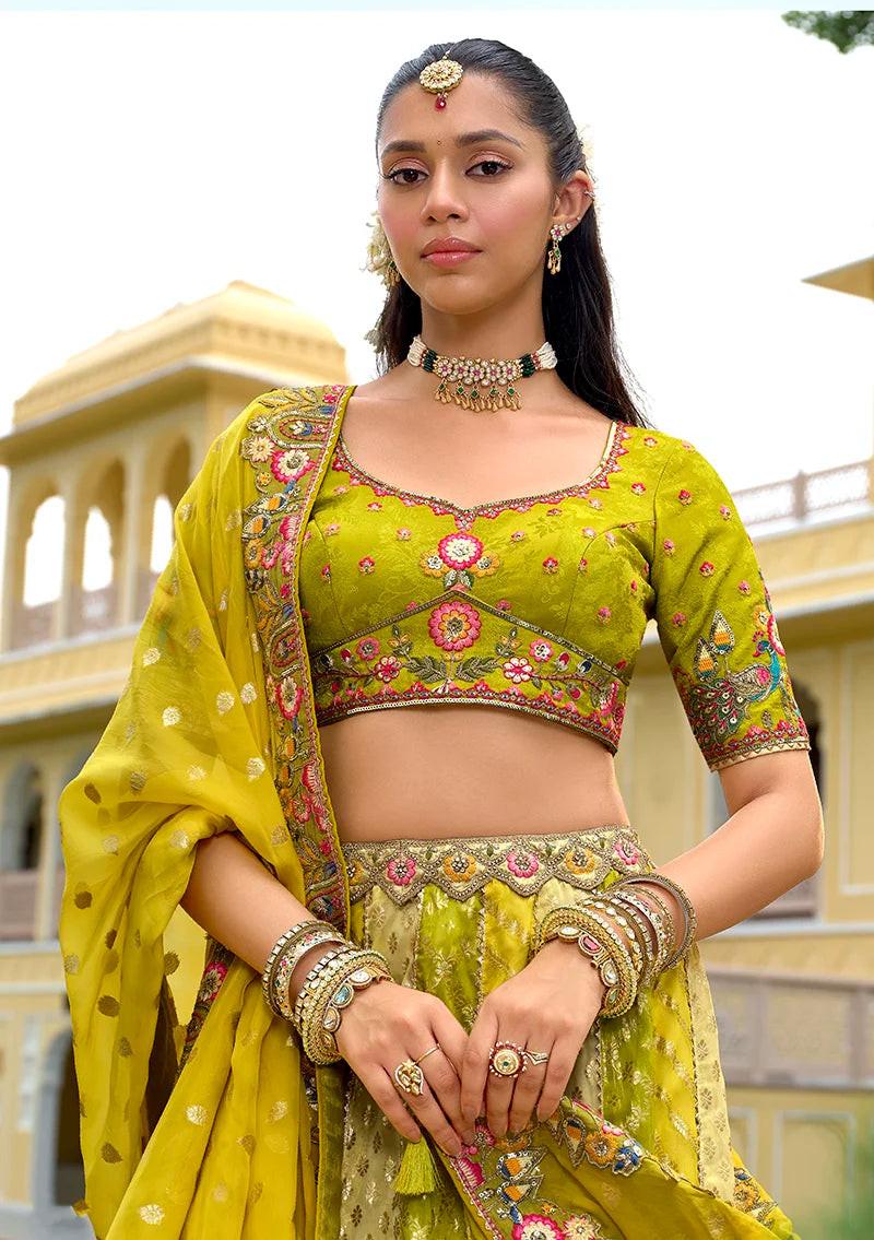 Multicolor Silk Blend Lehenga Choli with Peacock Hem, neckline close-up