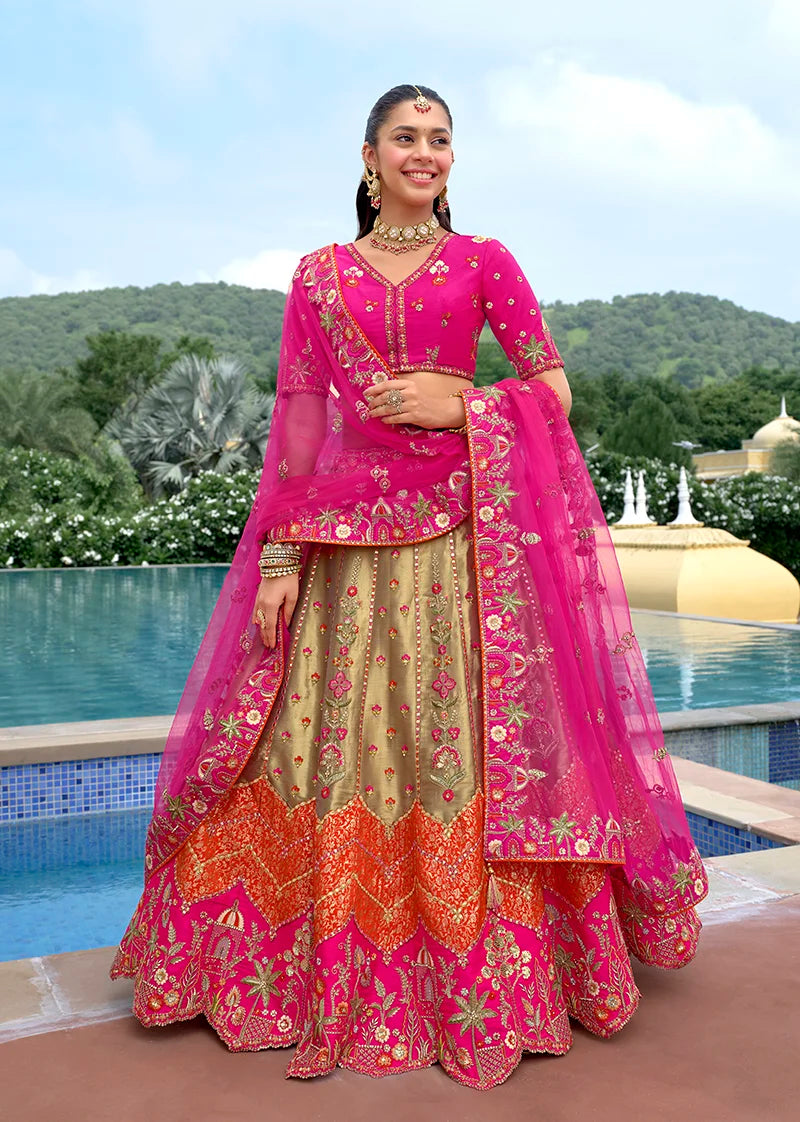 Multicolor Silk Blend Lehenga Choli with Chevron Band, front