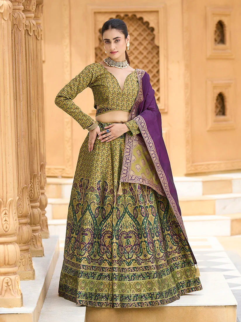 Mehendi Green Kanjivaram-Style Lehenga Choli with Paisley Motifs, front