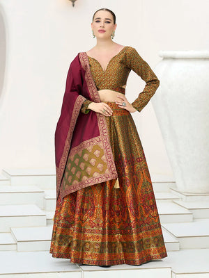 Olive Kanjivaram-Style Lehenga Choli with Paisley Motifs