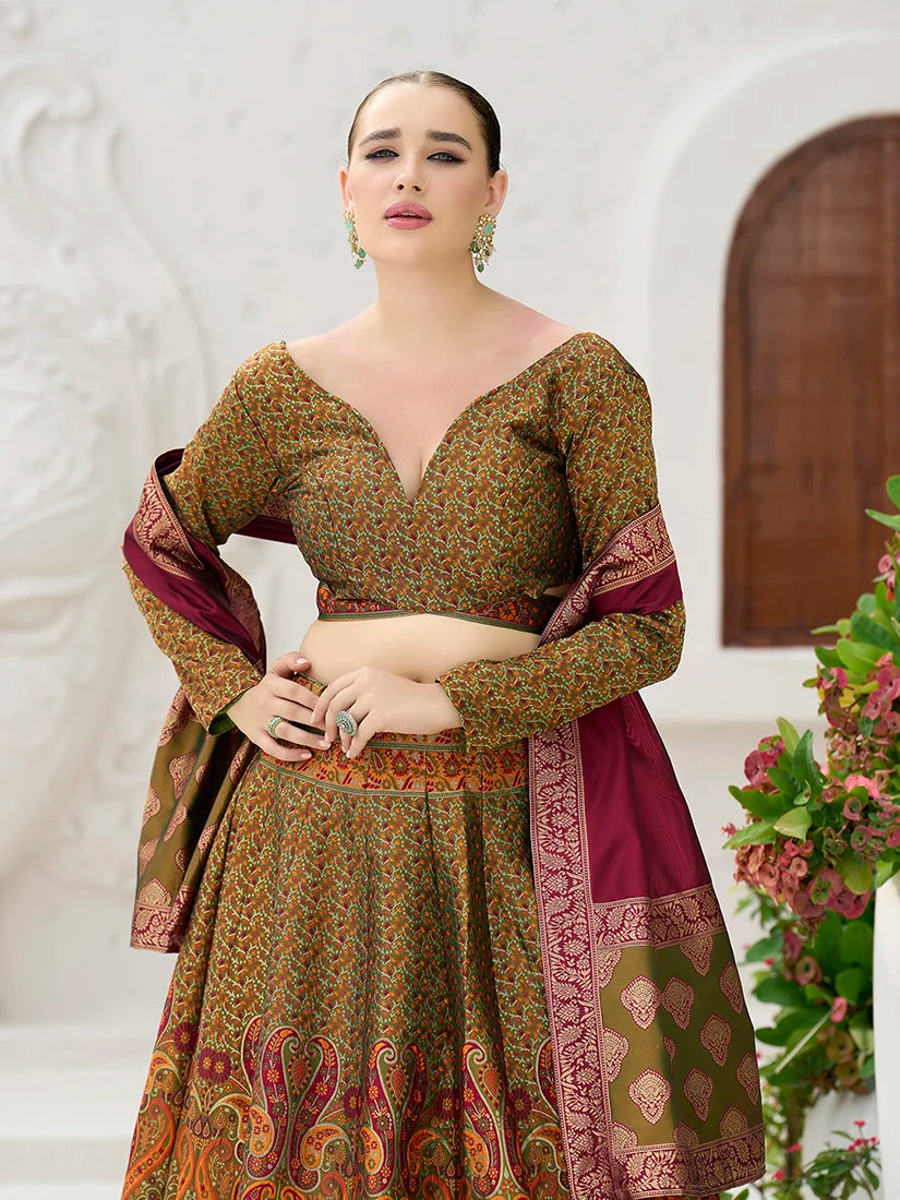 Olive Kanjivaram-Style Lehenga Choli with Paisley Motifs, choli and dupatta detail