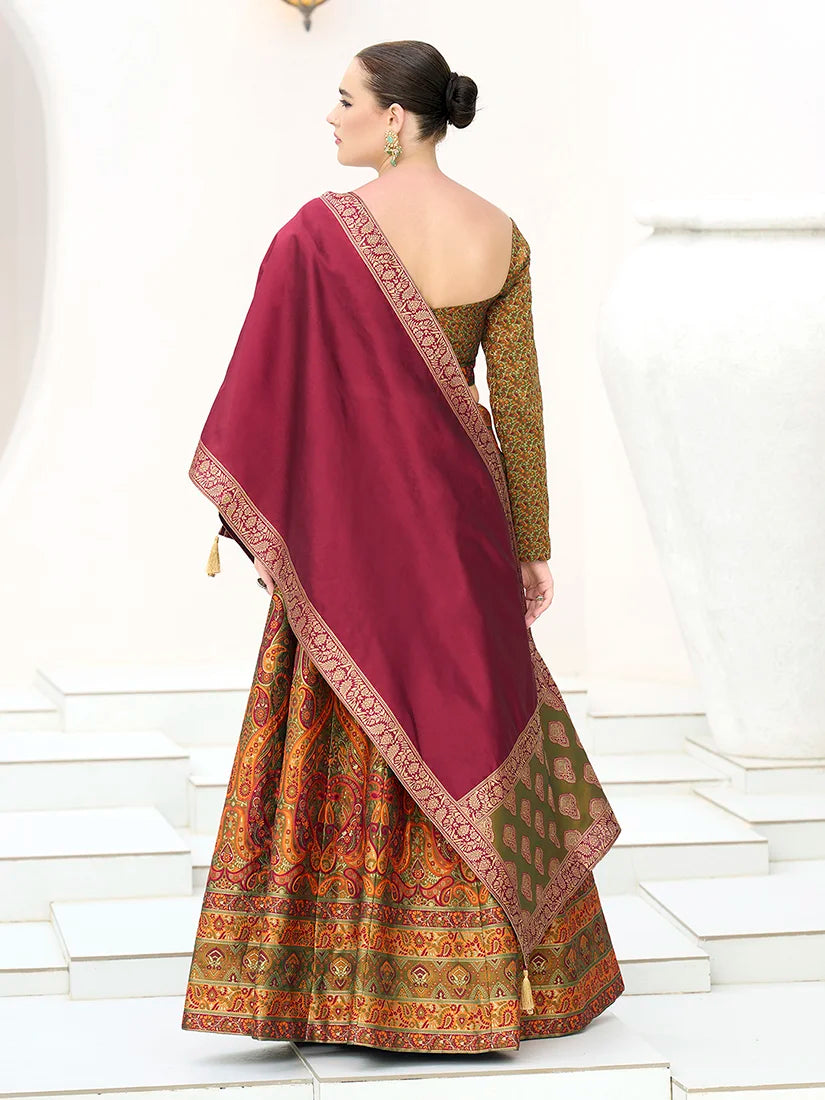 Olive Kanjivaram-Style Lehenga Choli with Paisley Motifs, back