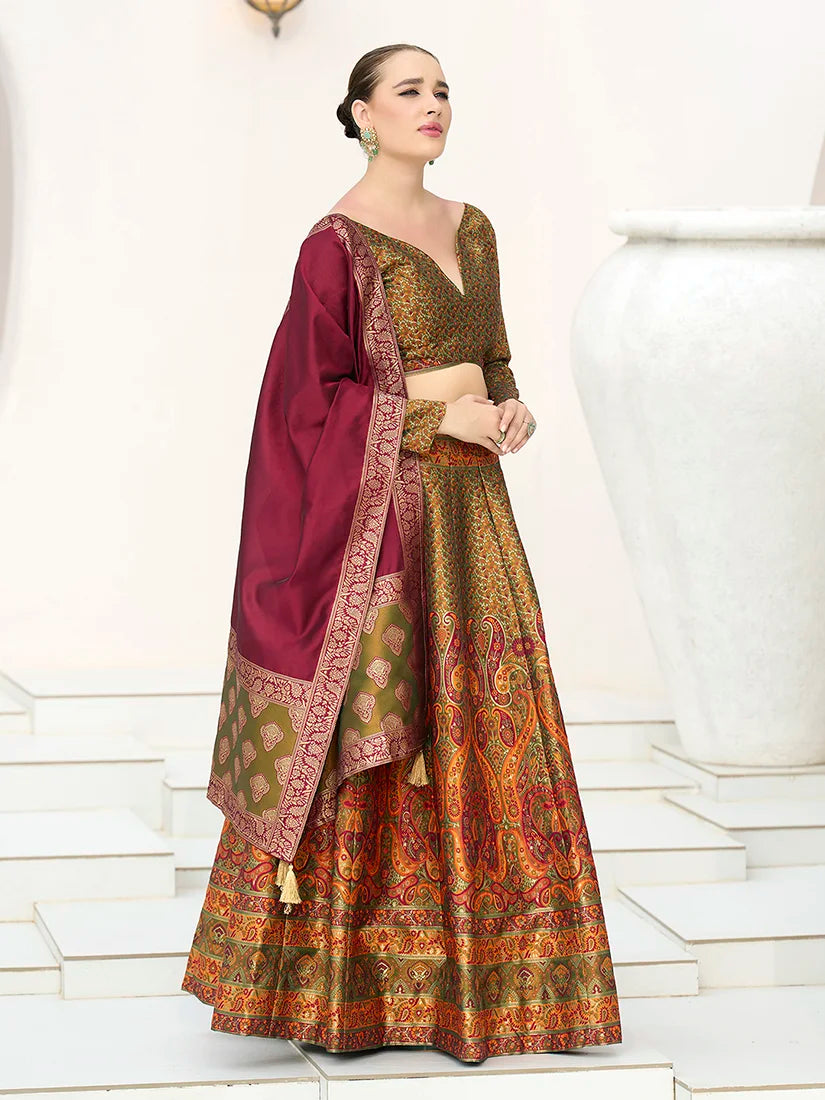 Olive Kanjivaram-Style Lehenga Choli with Paisley Motifs, styled on model