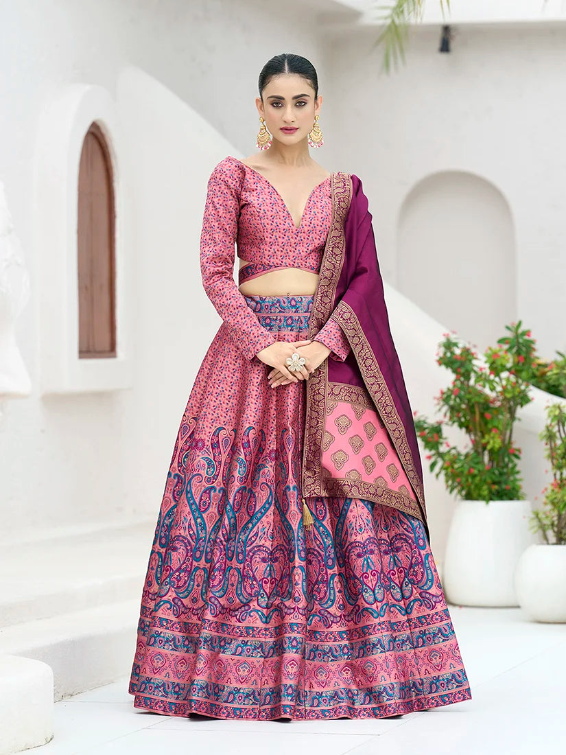 Pink Kanjivaram-Style Lehenga Choli with Paisley Motifs, front