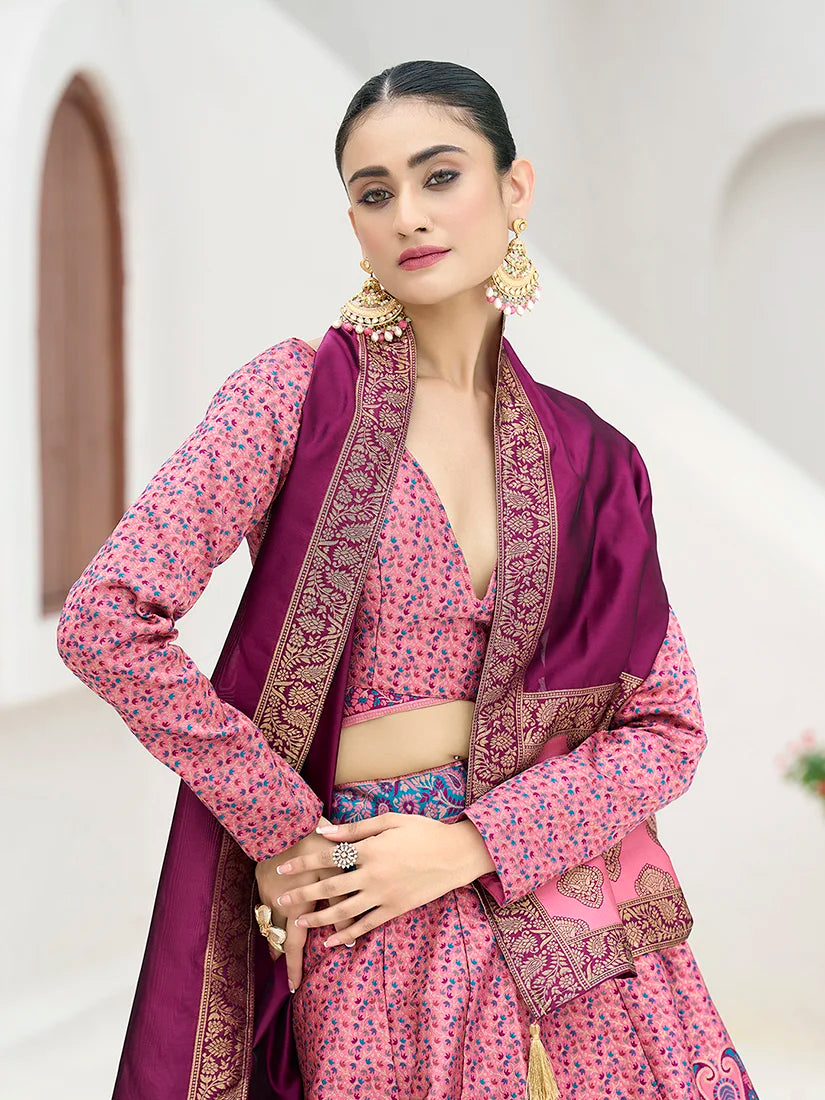 Pink Kanjivaram-Style Lehenga Choli with Paisley Motifs, choli and dupatta detail
