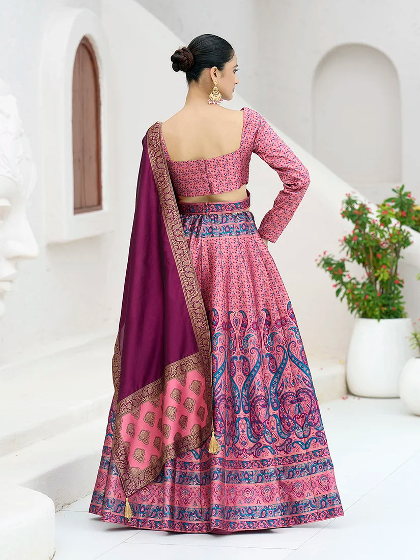 Pink Kanjivaram-Style Lehenga Choli with Paisley Motifs, back