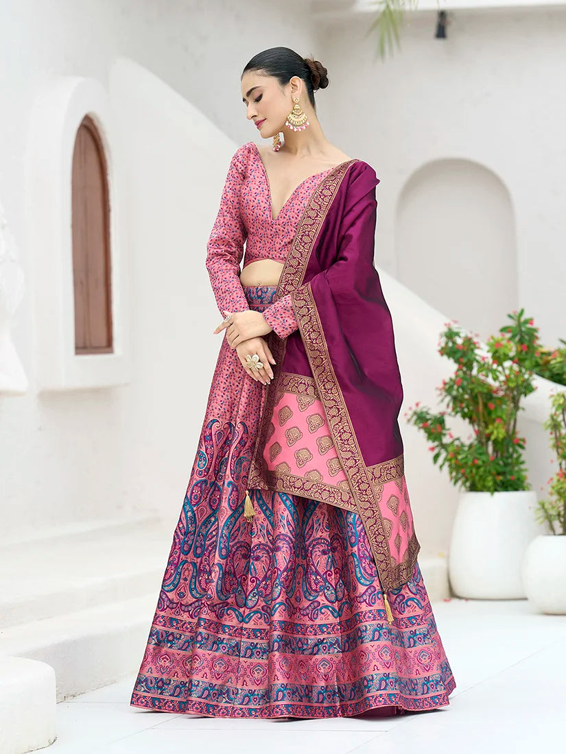 Pink Kanjivaram-Style Lehenga Choli with Paisley Motifs, styled on model
