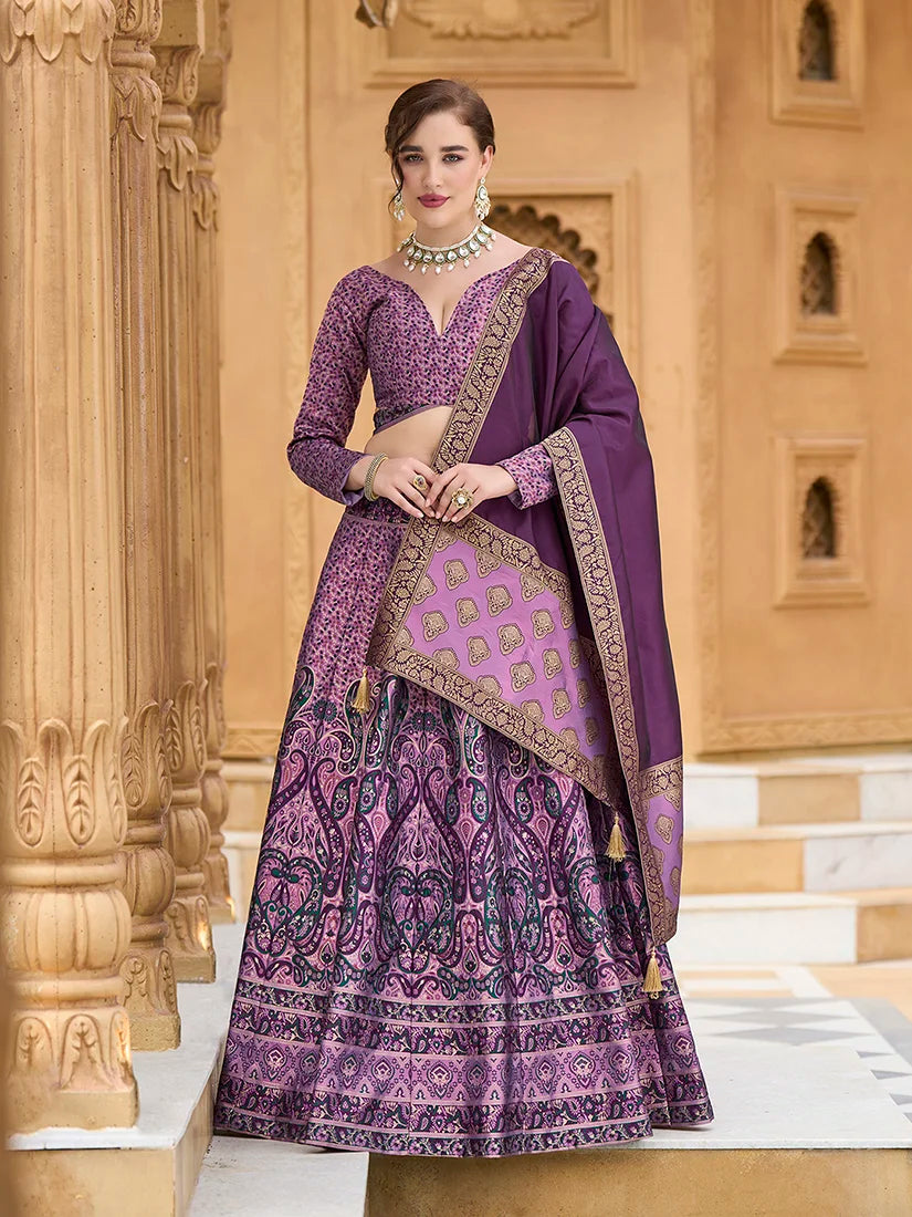 Lavender Kanjivaram-Style Lehenga Choli with Paisley Motifs, front