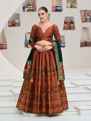 Rust Kanjivaram-Style Lehenga Choli with Paisley Motifs