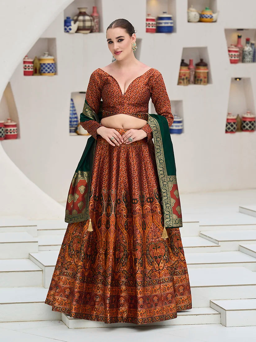 Rust Kanjivaram-Style Lehenga Choli with Paisley Motifs, front