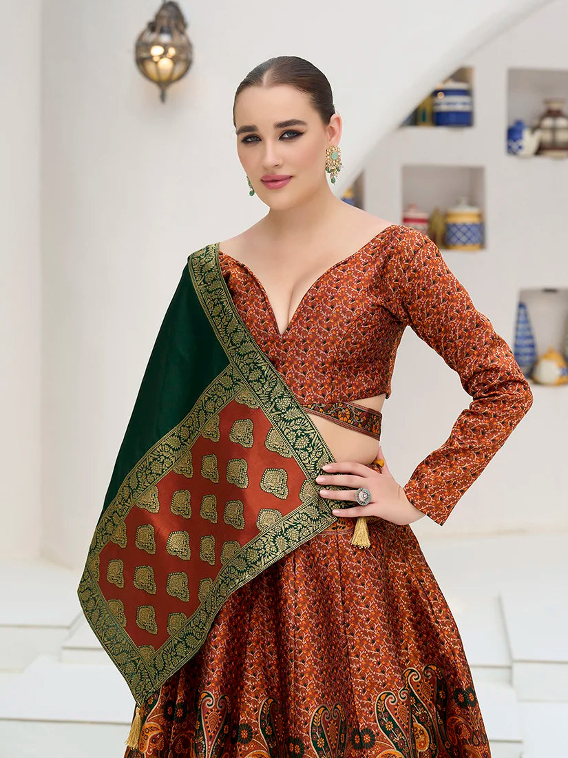 Rust Kanjivaram-Style Lehenga Choli with Paisley Motifs, choli and dupatta detail