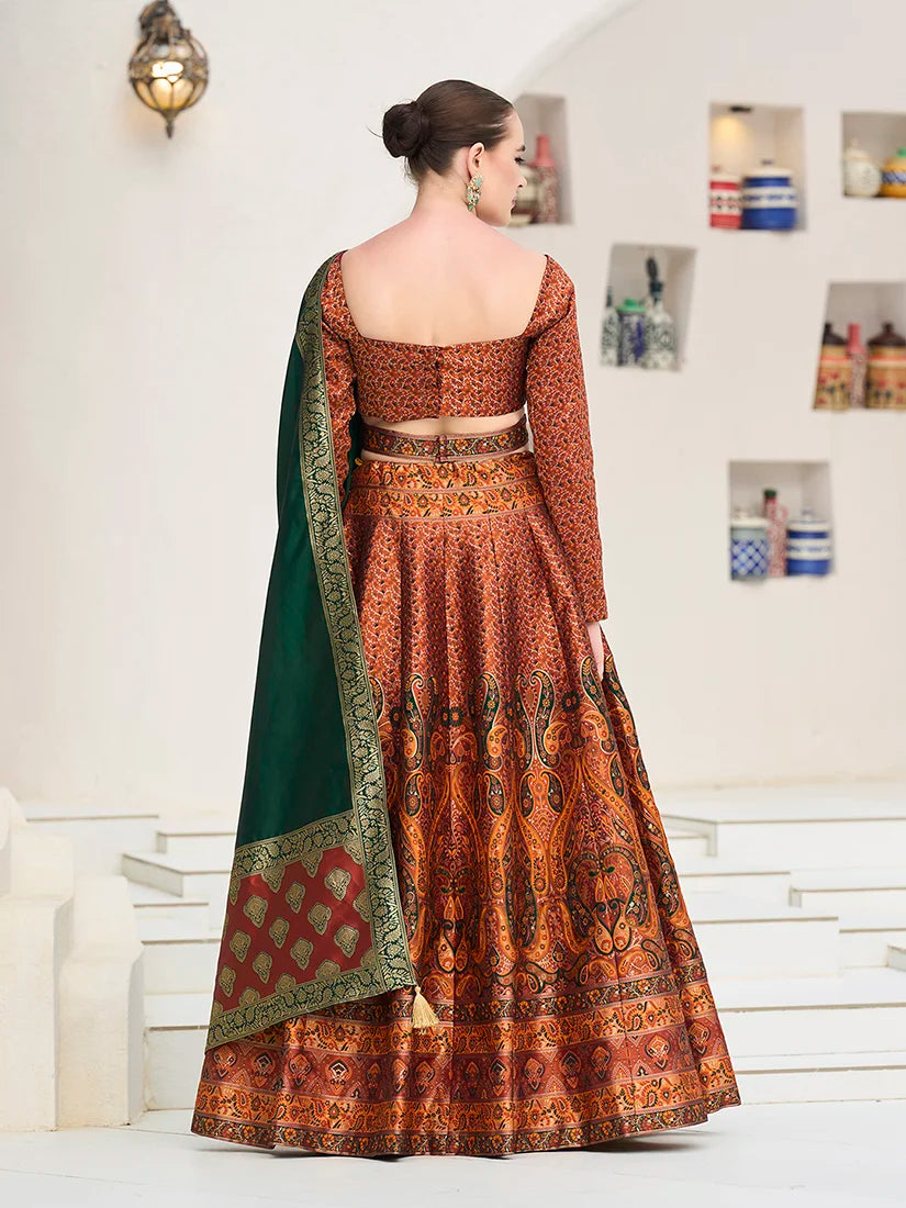Rust Kanjivaram-Style Lehenga Choli with Paisley Motifs, back