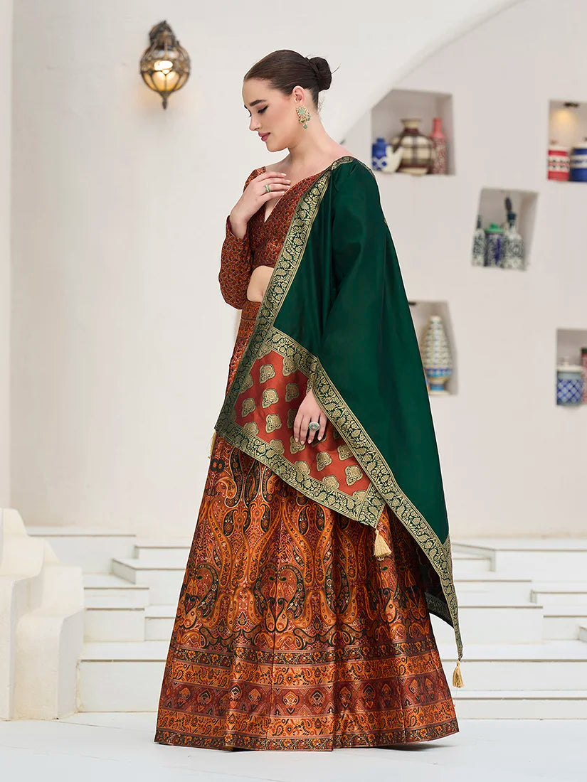 Rust Kanjivaram-Style Lehenga Choli with Paisley Motifs, styled on model