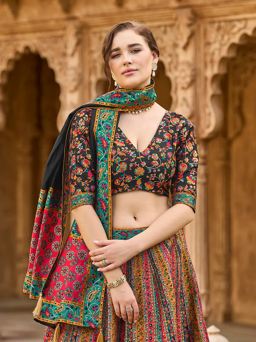 Multicolor Jacquard Woven Stripe Lehenga Choli, choli and dupatta detail