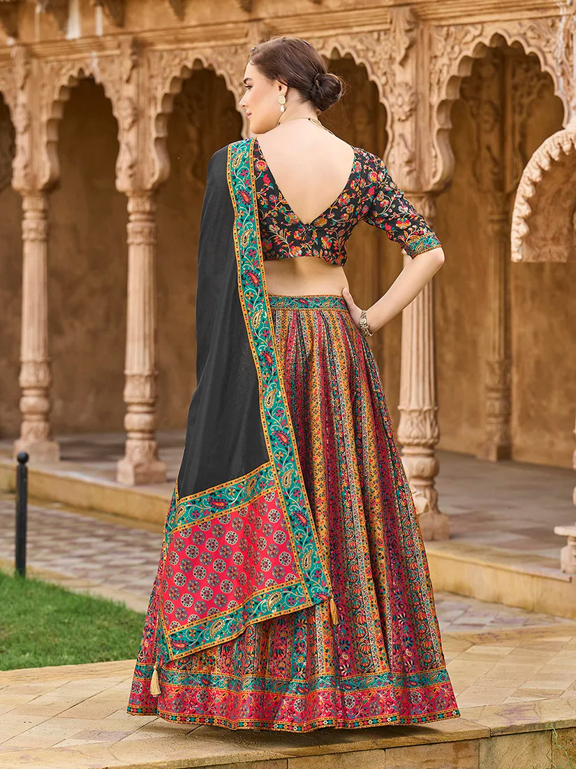 Multicolor Jacquard Woven Stripe Lehenga Choli, back