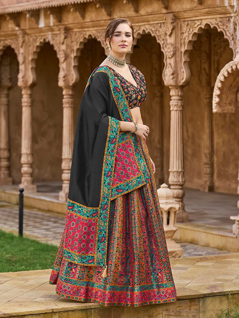 Multicolor Jacquard Woven Stripe Lehenga Choli, styled on model