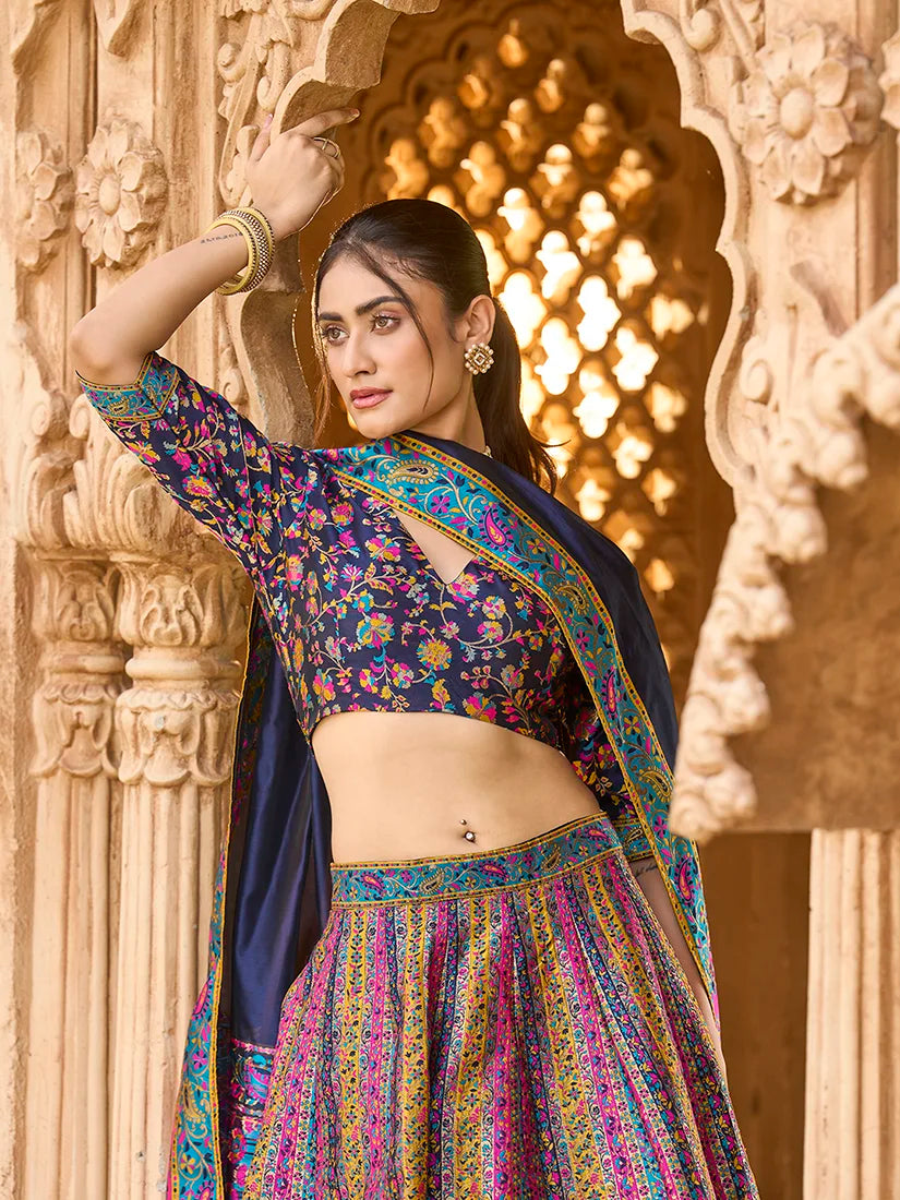 Navy Blue Jacquard Woven Stripe Lehenga Choli, choli and dupatta detail
