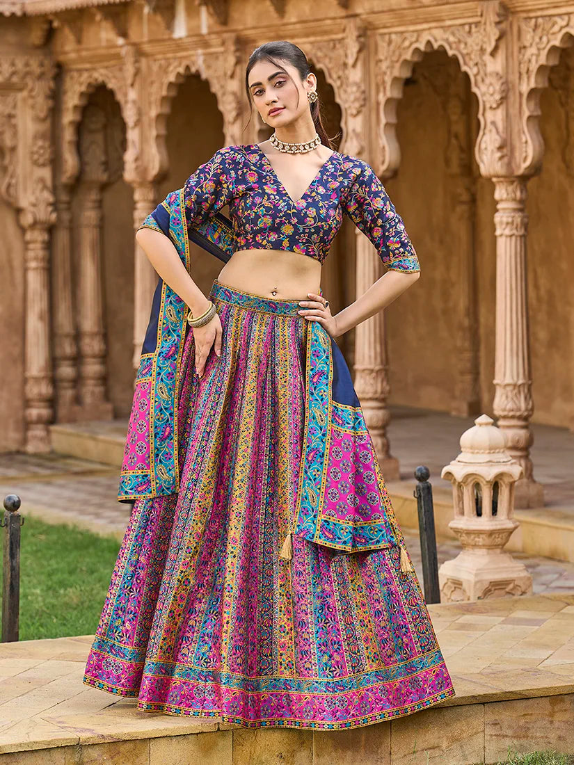 Navy Blue Jacquard Woven Stripe Lehenga Choli, styled on model