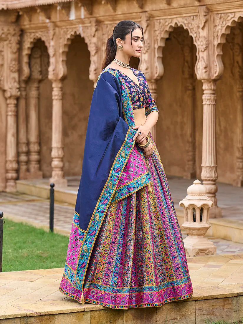 Navy Blue Jacquard Woven Stripe Lehenga Choli, side