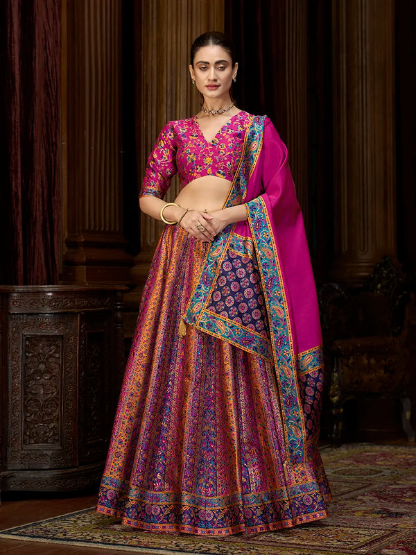 Rani Pink Jacquard Woven Stripe Lehenga Choli, front