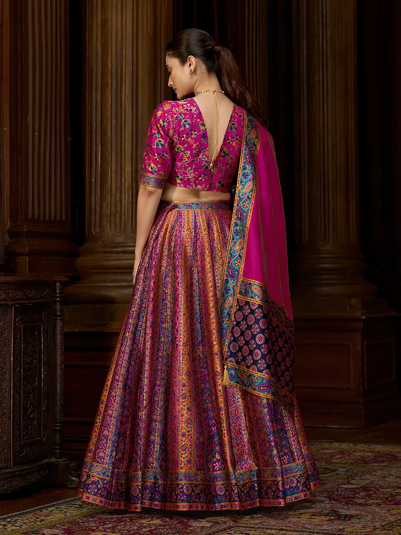 Rani Pink Jacquard Woven Stripe Lehenga Choli, back