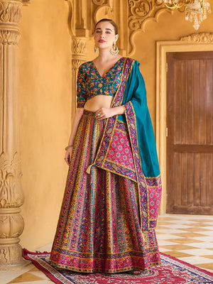 Turquoise Jacquard Woven Stripe Lehenga Choli